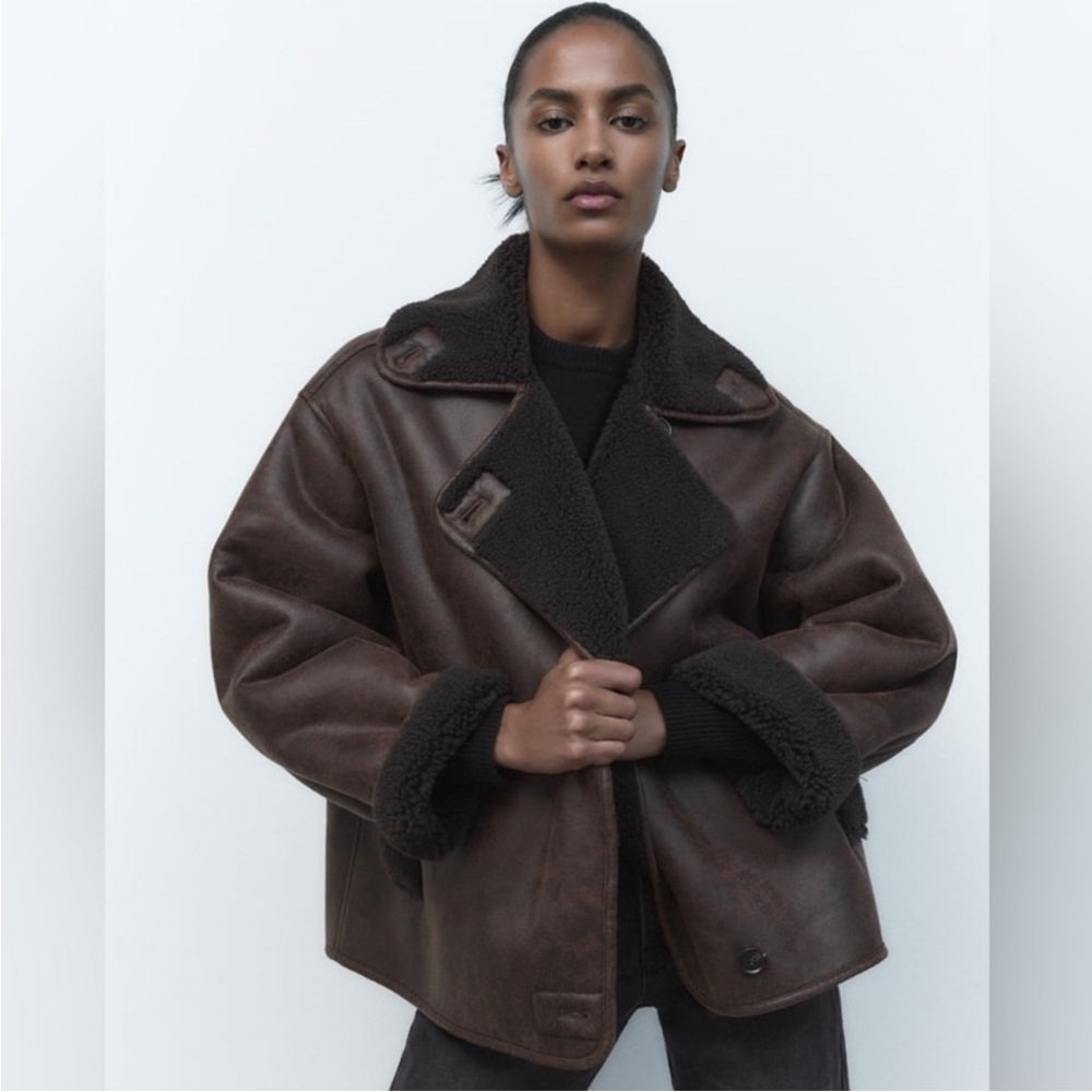 Zara Dark Brown Leather Shearling Jacket